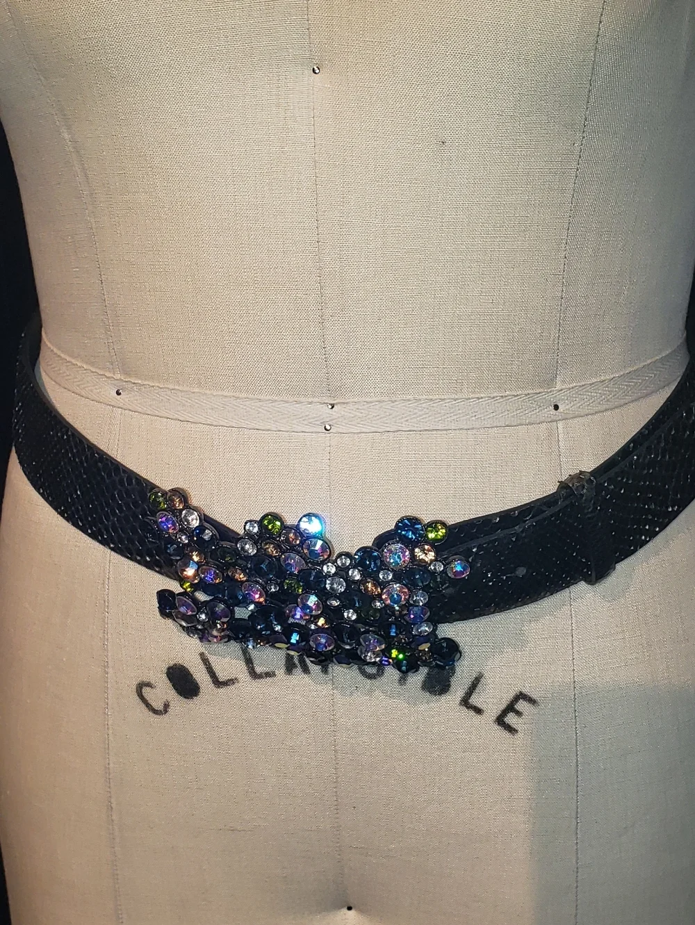 PreOwned Super Rare Huge Swarovski Crystal Buckle Metallic Green Python Belt
